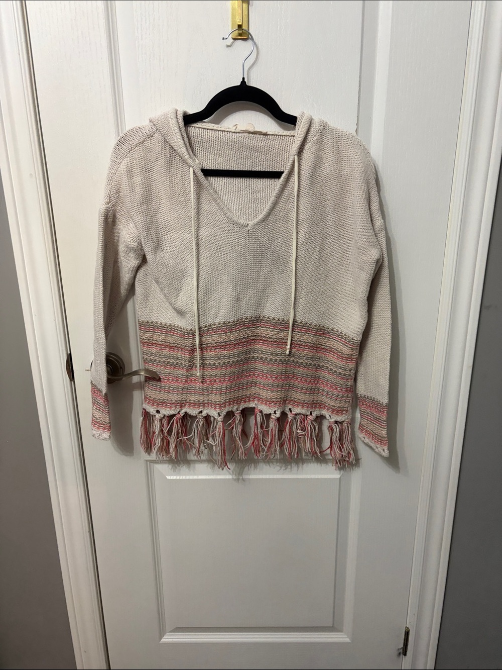 Cream Hooded Fringe Knit Sweater with Pink Stripe Detail